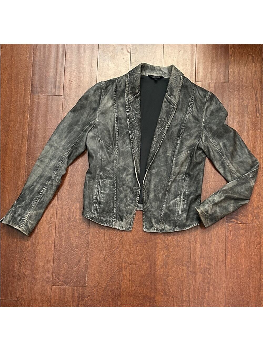 Babakul Women's Biker Y2K Style Leather Distressed Gray/Black Jacket, Size Small